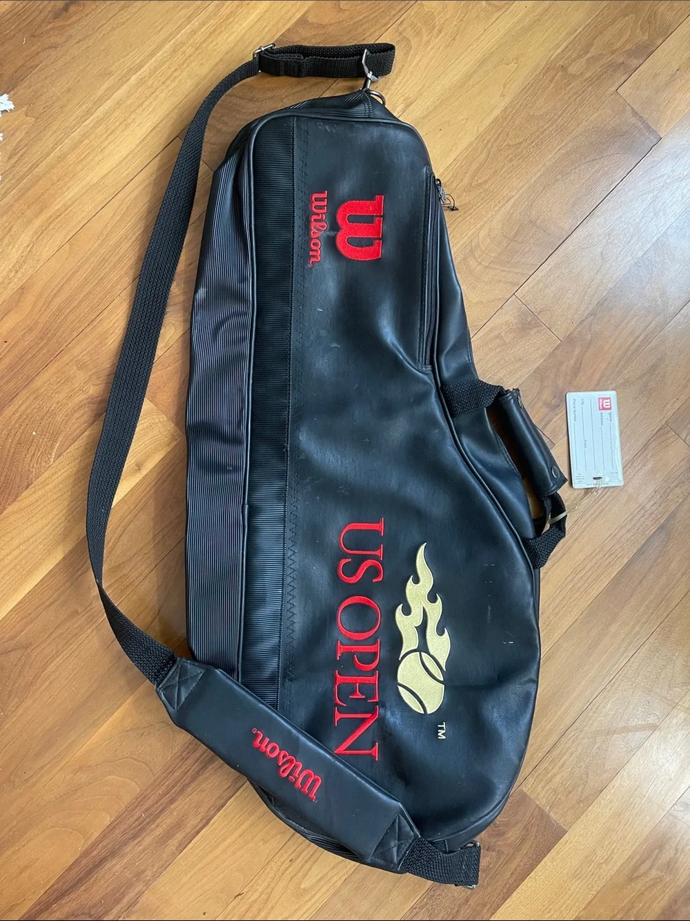 Wilson US OPEN Black Leather Tennis Travel Gym Duffel Bag Embroidered